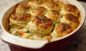 Simple chicken pot pie with biscuits in blue baking dish showing golden brown biscuit topping over creamy chicken filling