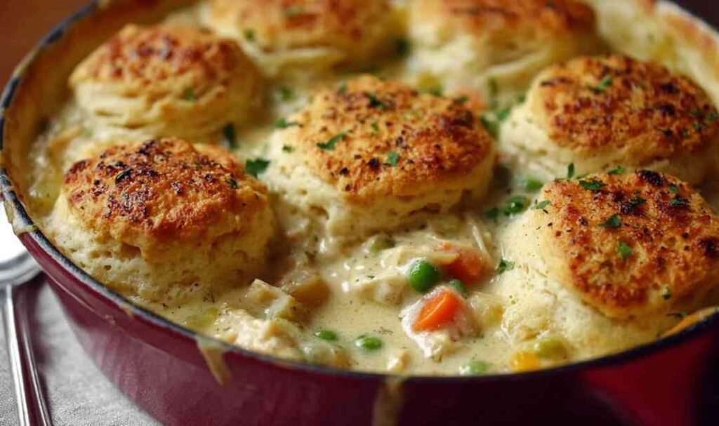 Simple chicken pot pie with biscuits in blue baking dish showing golden brown biscuit topping over creamy chicken filling