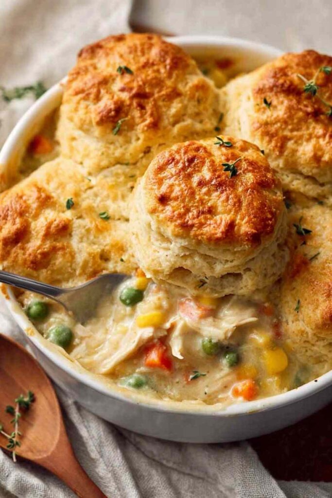 Simple chicken pot pie with biscuits in blue baking dish showing golden brown biscuit topping over creamy chicken filling