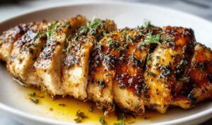 Sliced slow cooker chicken breast on white plate with garlic butter sauce and fresh herbs