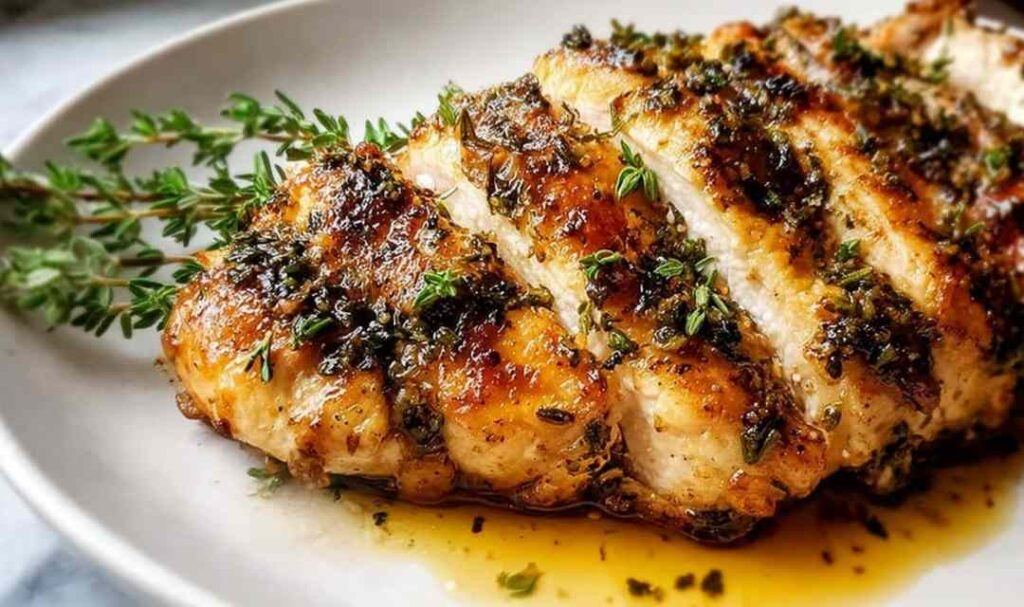 Sliced slow cooker chicken breast on white plate with garlic butter sauce and fresh herbs