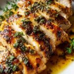 Sliced slow cooker chicken breast on white plate with garlic butter sauce and fresh herbs
