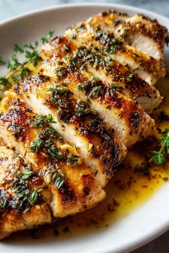 Sliced slow cooker chicken breast on white plate with garlic butter sauce and fresh herbs