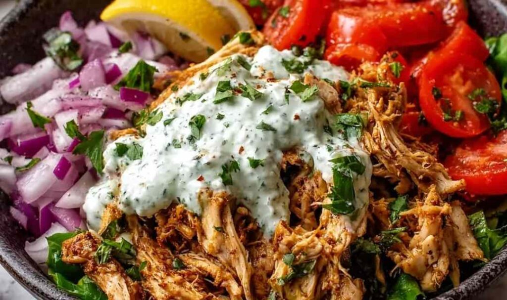 Slow cooker chicken shawarma wrap with tahini sauce, fresh tomatoes, cucumbers, and parsley on a wooden board