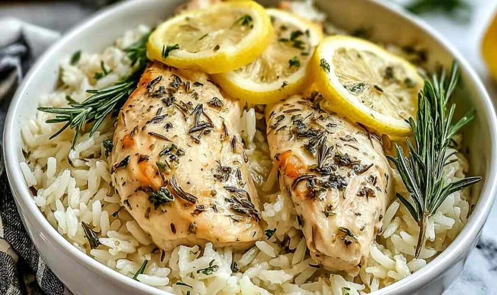 Slow cooker lemon herb chicken and rice in white bowl garnished with fresh parsley