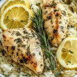 Slow cooker lemon herb chicken and rice in white bowl garnished with fresh parsley