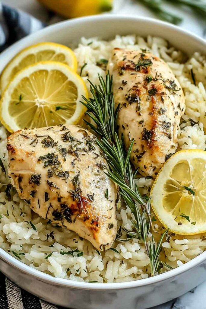 Slow cooker lemon herb chicken and rice in white bowl garnished with fresh parsley