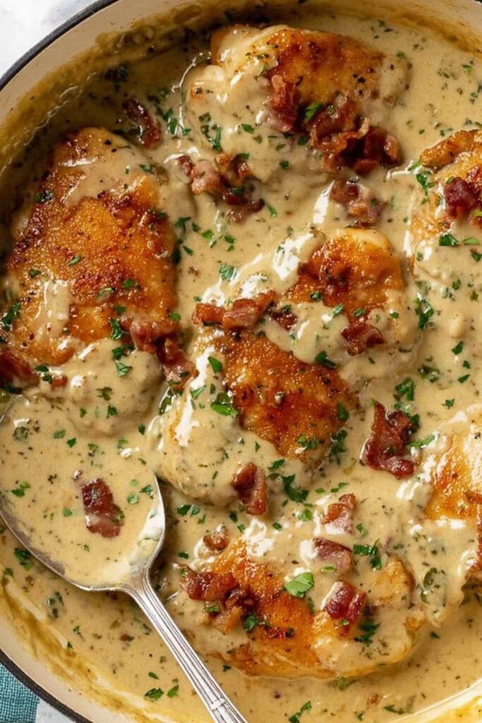 Smothered Chicken With Bacon Gravy 6 Smothered chicken recipe with crispy bacon gravy in a cast iron skillet garnished with fresh parsley