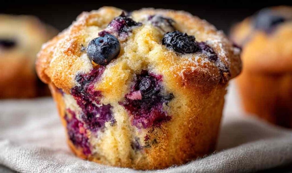 Sourdough blueberry muffins with crumble topping on cooling rack showing moist tender texture