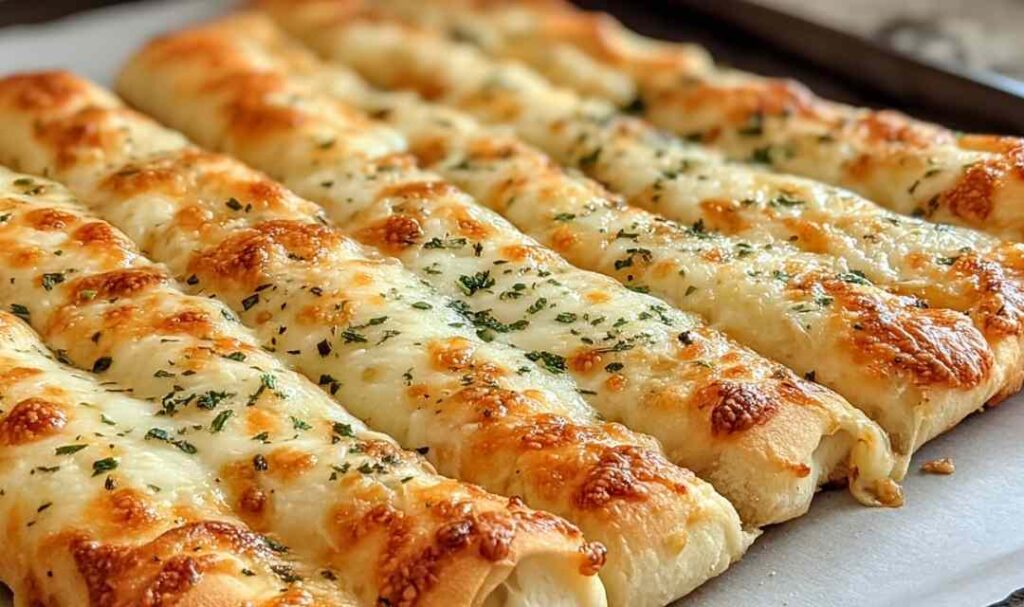 Sourdough cheesy breadsticks with melted cheese and garlic butter on baking sheet