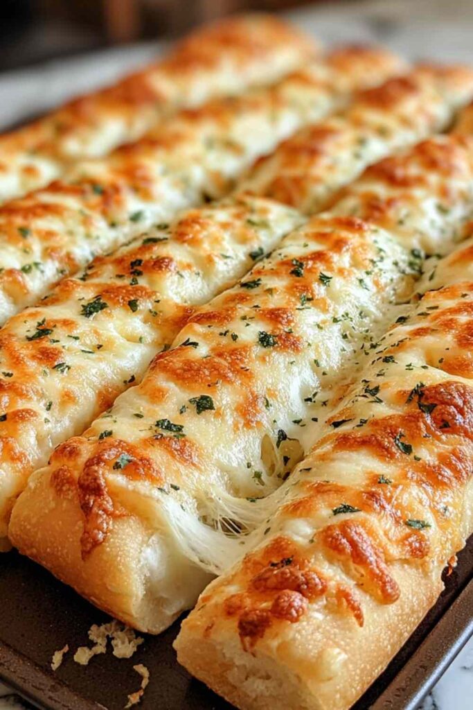 Sourdough cheesy breadsticks with melted cheese and garlic butter on baking sheet