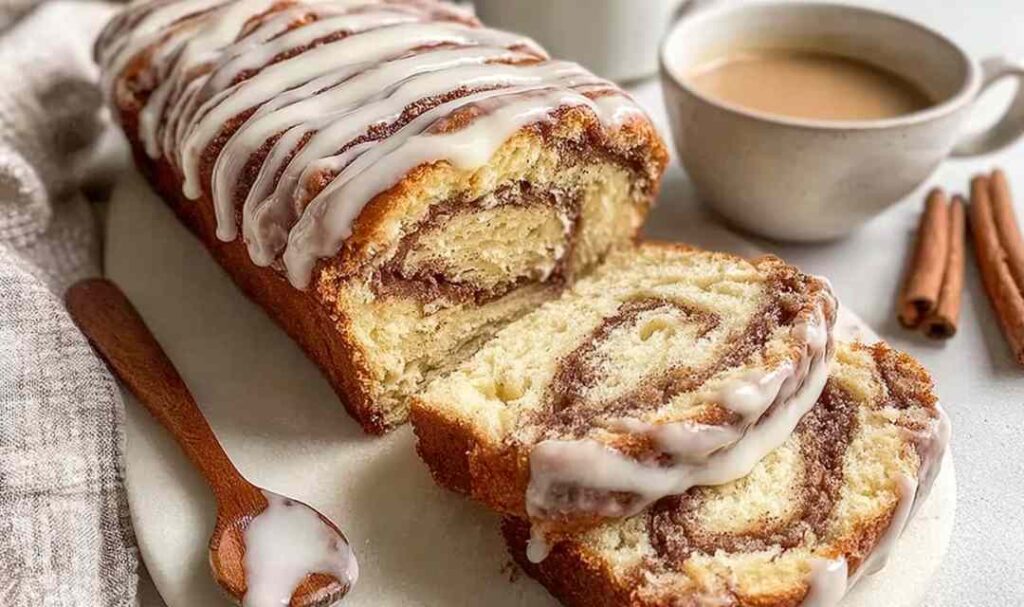 Sliced sourdough discard cinnamon bread showing cinnamon swirl on a wooden cutting board