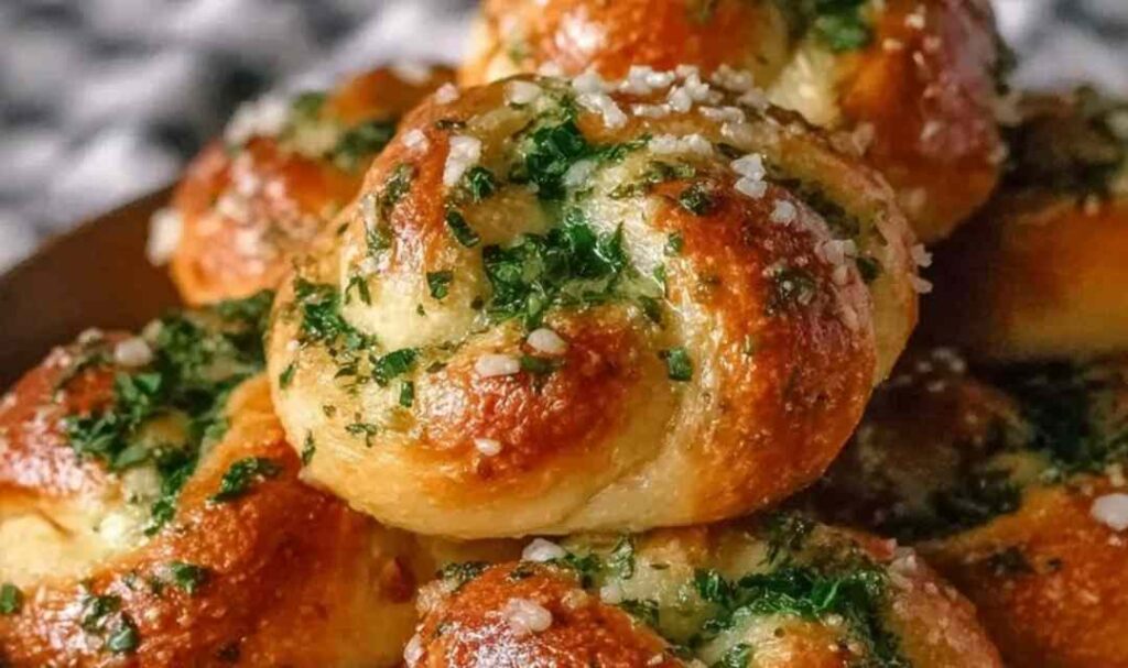 Quick Sourdough Discard Garlic Knots 5 Freshly baked sourdough discard garlic knots on a parchment-lined baking sheet brushed with garlic butter and parsley