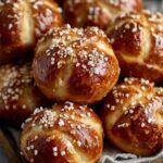 Golden brown sourdough discard soft pretzel bites topped with coarse salt on parchment paper
