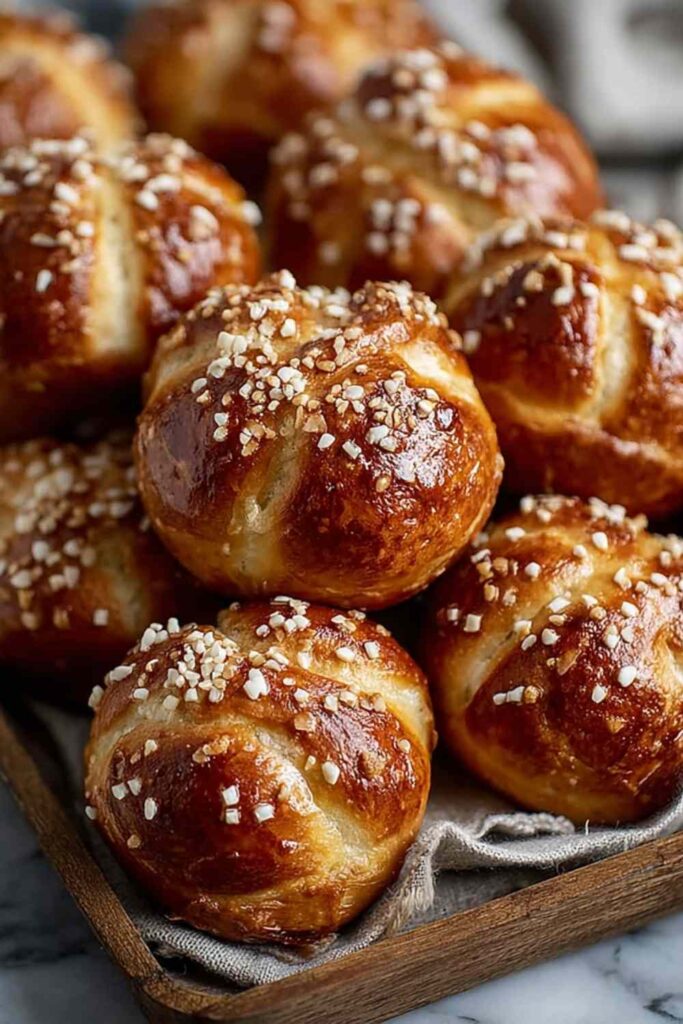 Golden brown sourdough discard soft pretzel bites topped with coarse salt on parchment paper