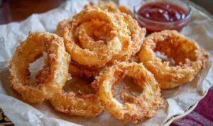 Golden crispy sourdough onion rings on white plate with dipping sauce