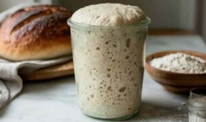 Active bubbly sourdough starter in glass jar ready for baking bread