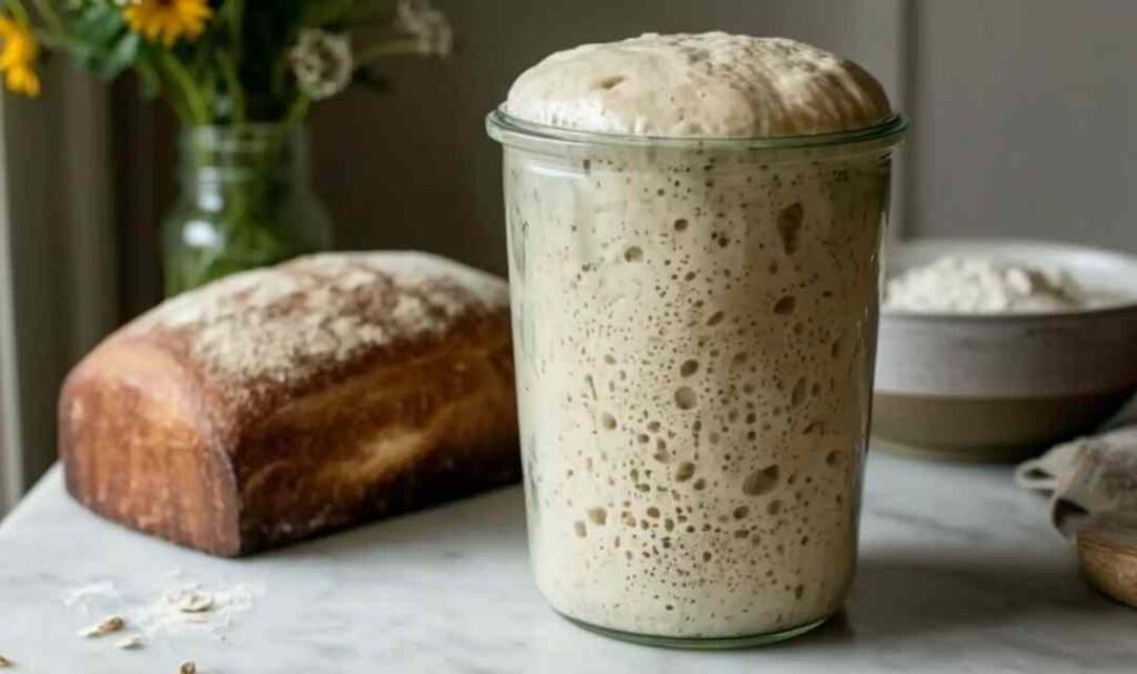 Active bubbly sourdough starter in glass jar ready for baking bread