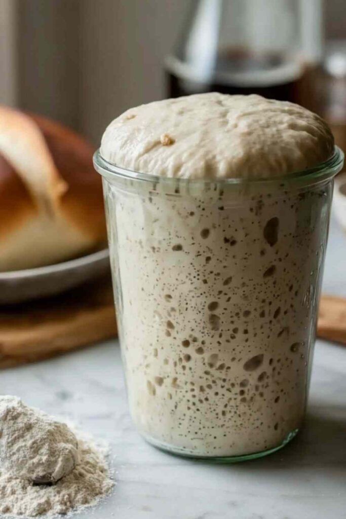 Active bubbly sourdough starter in glass jar ready for baking bread