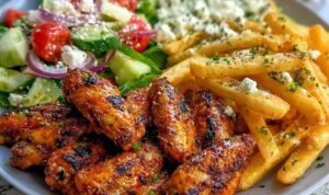 Spicy grilled chicken wings with fries and Greek salad served on a platter