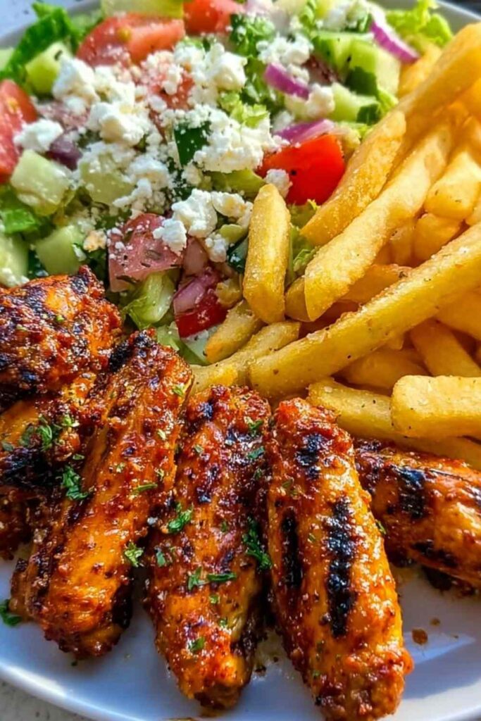 Spicy Grilled Chicken Wings with Fries and Greek Salad 6 Spicy grilled chicken wings with fries and Greek salad served on a platter