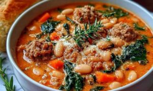 Spicy Italian Sausage Soup with Cannellini Beans A bowl of spicy Italian sausage soup with cannellini beans and kale topped with grated Parmesan cheese