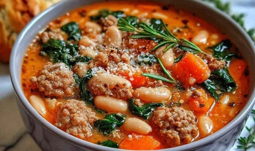 A bowl of spicy Italian sausage soup with cannellini beans and kale topped with grated Parmesan cheese
