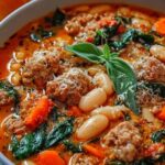 A bowl of spicy Italian sausage soup with cannellini beans and kale topped with grated Parmesan cheese