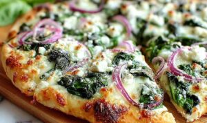 Spinach and feta flatbread pizza with melted cheese and sun-dried tomatoes on baking sheet