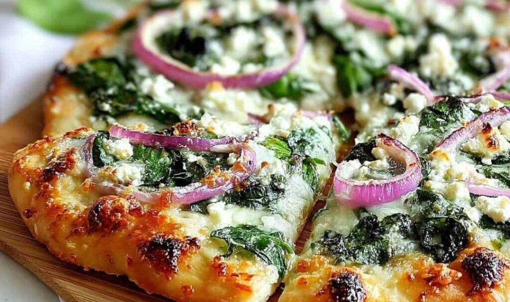 Spinach and feta flatbread pizza with melted cheese and sun-dried tomatoes on baking sheet