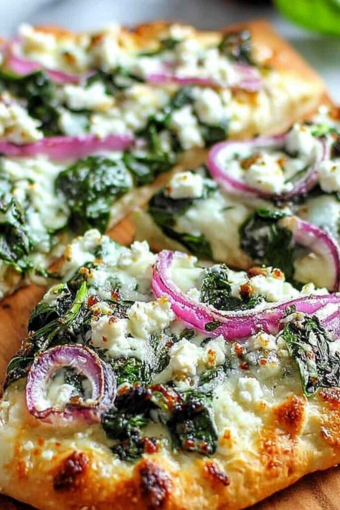 Spinach and feta flatbread pizza with melted cheese and sun-dried tomatoes on baking sheet
