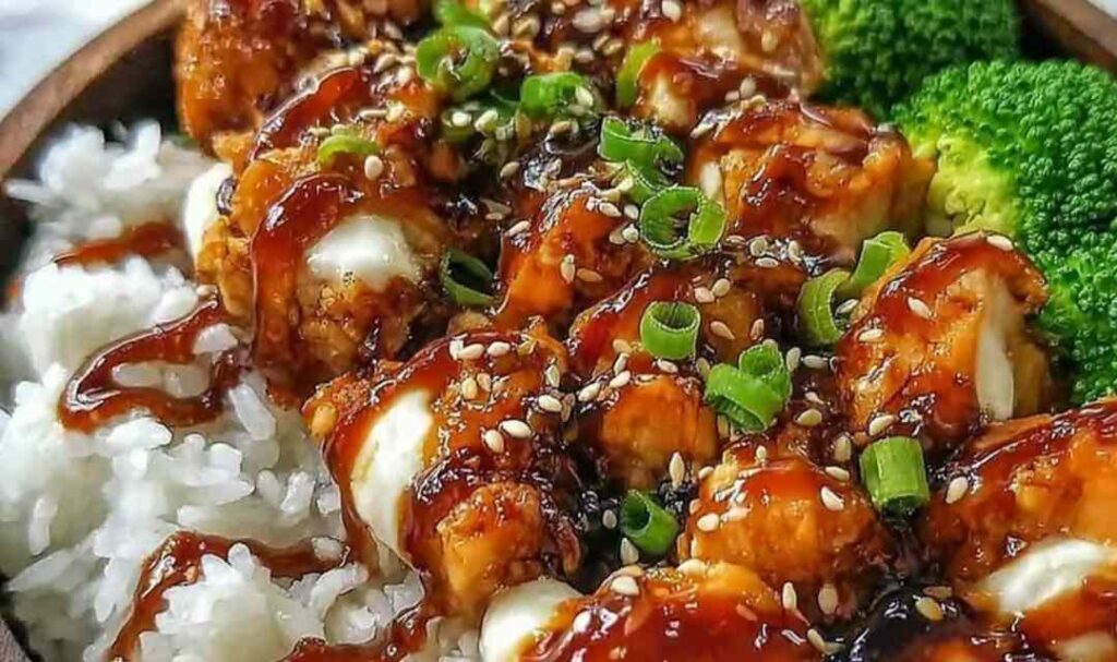 Sticky Chicken Rice Bowls - An Incredible Ultimate Recipe for Every Occasion 5 Sticky chicken rice bowls with glazed chicken thighs, jasmine rice, broccoli, carrots, and sesame seeds in a white bowl