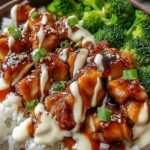 Sticky chicken rice bowls with glazed chicken thighs, jasmine rice, broccoli, carrots, and sesame seeds in a white bowl