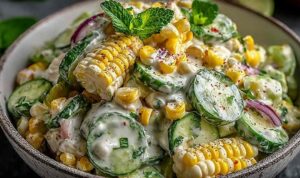 Creamy street corn cucumber salad in a white bowl topped with cotija cheese and fresh cilantro