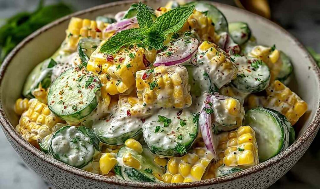 Street Corn Cucumber Salad: Creamy, Zesty, and Perfect for Summer 5 Creamy street corn cucumber salad in a white bowl topped with cotija cheese and fresh cilantro