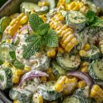 Creamy street corn cucumber salad in a white bowl topped with cotija cheese and fresh cilantro