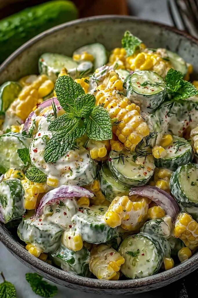 Street Corn Cucumber Salad: Creamy, Zesty, and Perfect for Summer 6 Creamy street corn cucumber salad in a white bowl topped with cotija cheese and fresh cilantro
