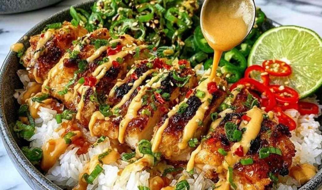 Sweet Chili Chicken Bowl with Coconut Lime Drizzle in white bowl with rice and fresh vegetables