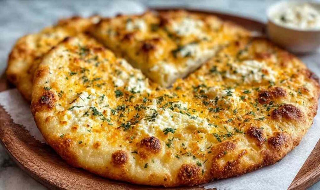 Cottage cheese flatbread on a baking sheet with golden brown edges and everything bagel seasoning on top