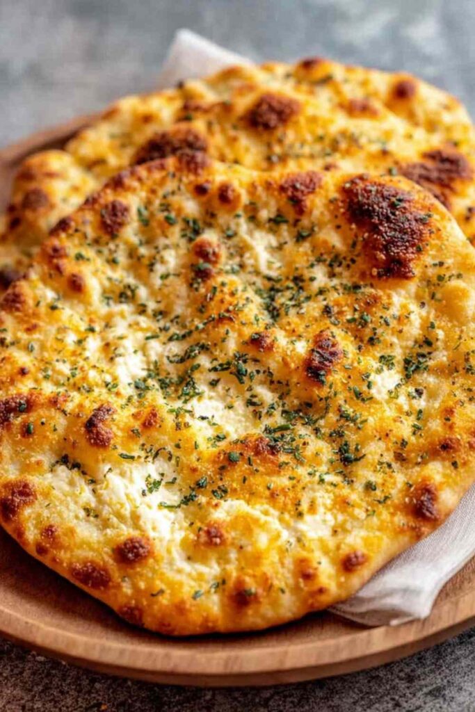 Cottage cheese flatbread on a baking sheet with golden brown edges and everything bagel seasoning on top