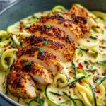 Zucchini noodle chicken Alfredo in white bowl with creamy Parmesan sauce and fresh parsley garnish