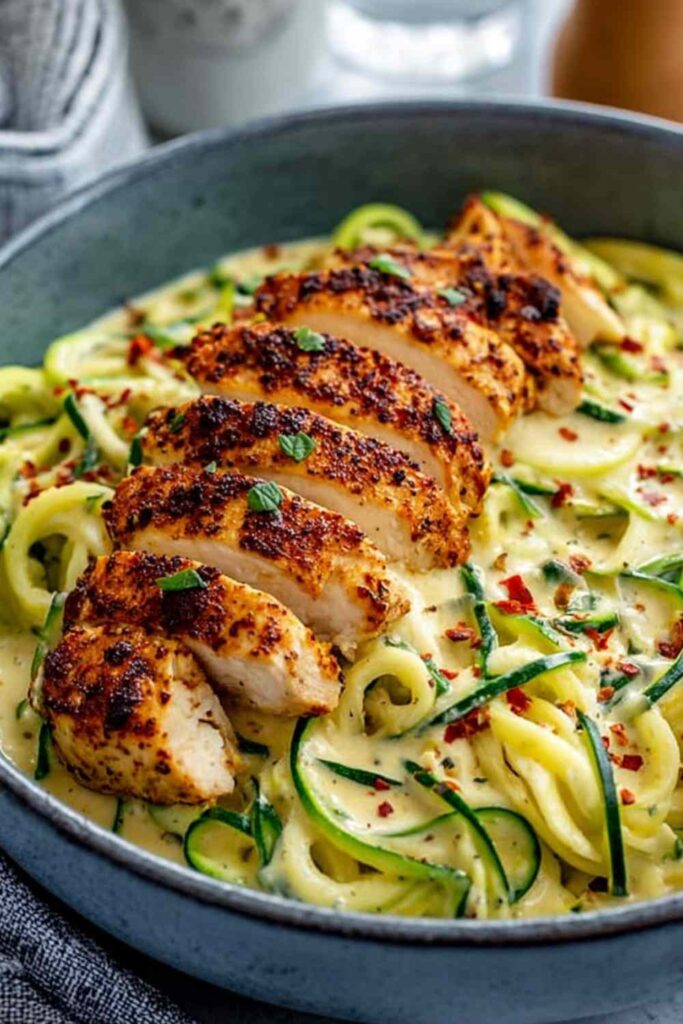 Zucchini noodle chicken Alfredo in white bowl with creamy Parmesan sauce and fresh parsley garnish