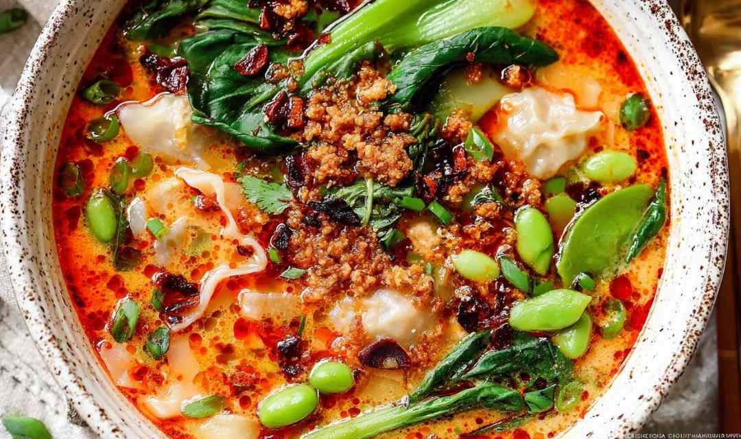 Thai Coconut Dumpling Soup in a white bowl with fresh cilantro, basil, and red bell pepper