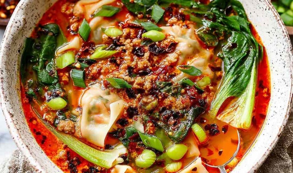 Thai Coconut Dumpling Soup in a white bowl with fresh cilantro, basil, and red bell pepper