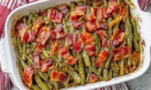 5-Ingredient Crack Green Beans 5-ingredient crack green beans glazed in sweet soy sauce in a white ceramic baking dish