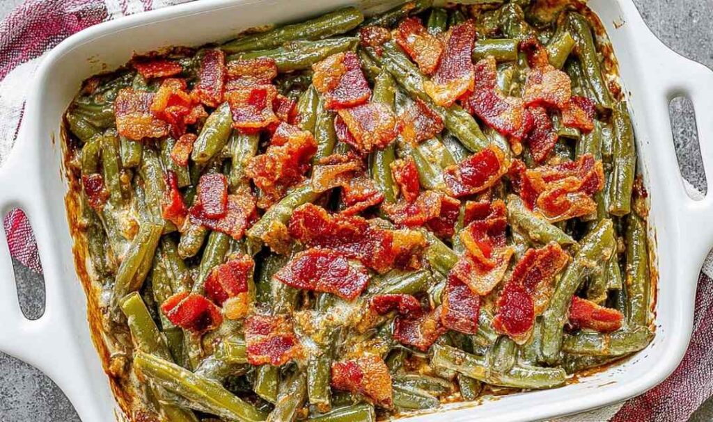 5-ingredient crack green beans glazed in sweet soy sauce in a white ceramic baking dish
