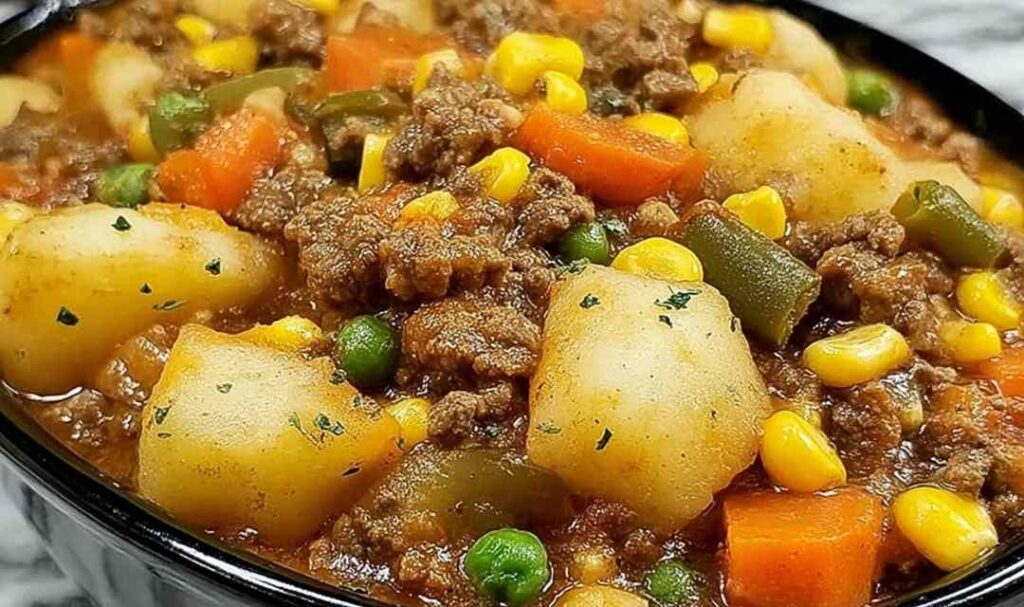 Amish Harvest Casserole with golden biscuit topping in a 9x13 baking dish