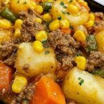 Amish Harvest Casserole with golden biscuit topping in a 9x13 baking dish