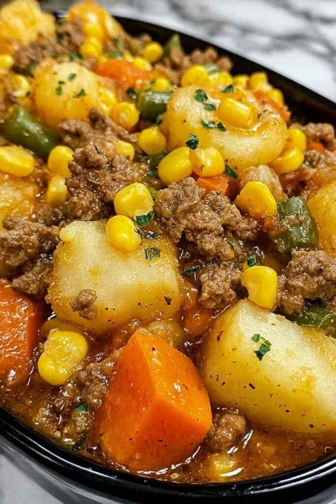 Amish Harvest Casserole with golden biscuit topping in a 9x13 baking dish