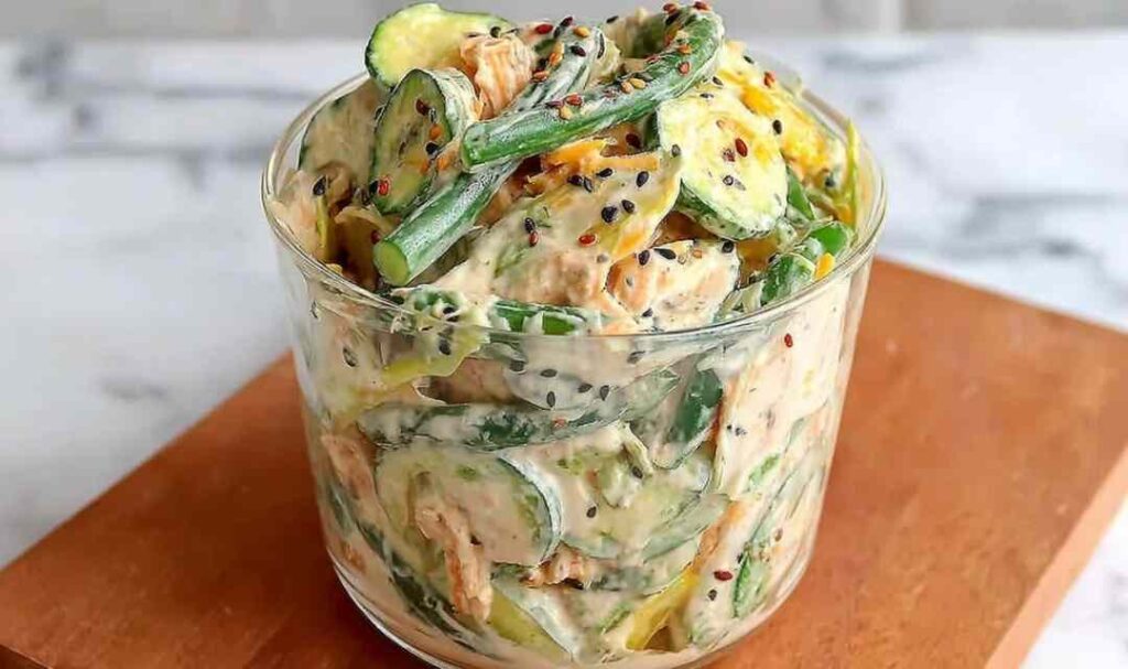 Creamy Asian cucumber salad bowl with sesame-ginger dressing, edamame, and sesame seeds